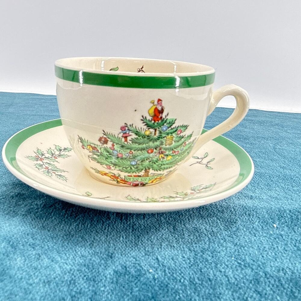 Spode Christmas Tree Teacup Saucer England S3324 P Green Trim Holiday Tea Gift